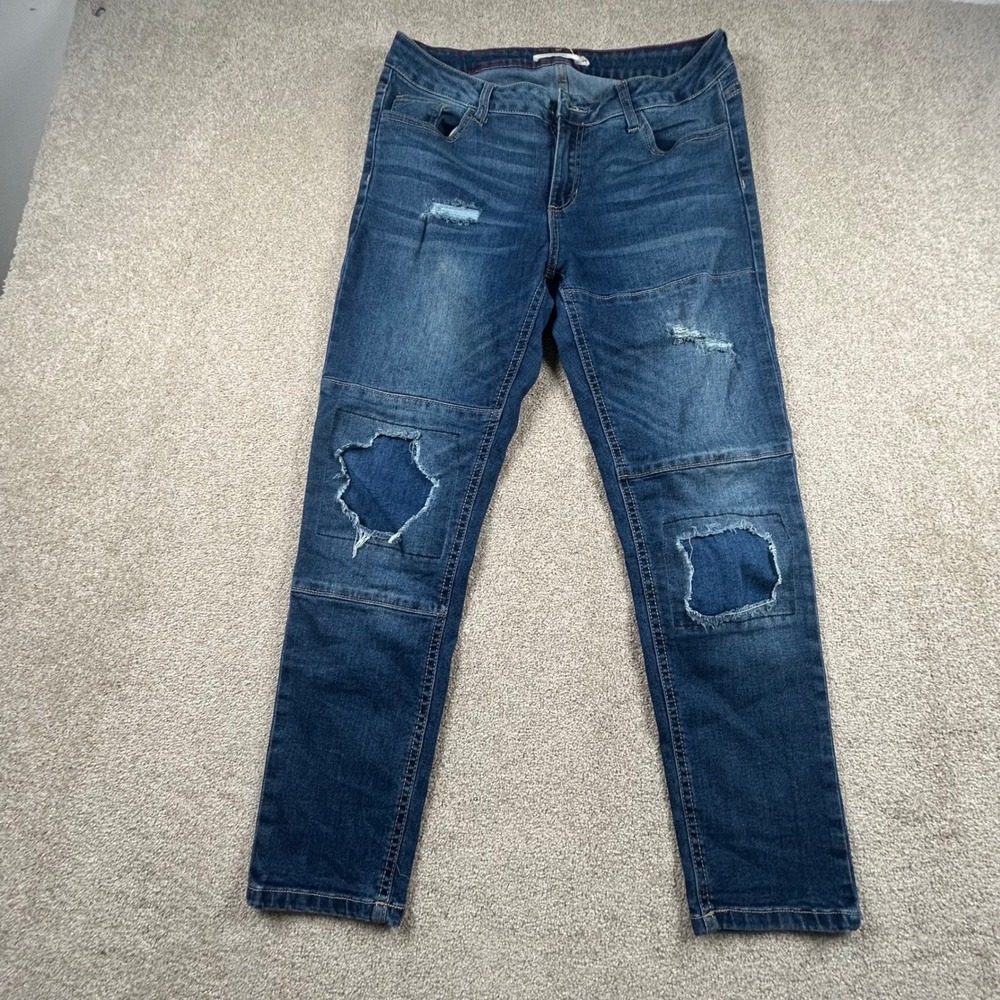 Cello Jeans Womens Size 11 Distressed Patched Knee Moto Slim Denim Medium Wash